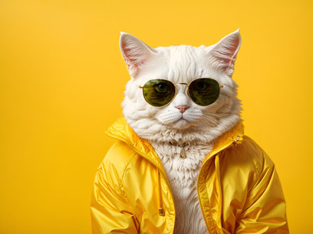 a stylish white cat wearing sunglasses and a yellow jacketの素材