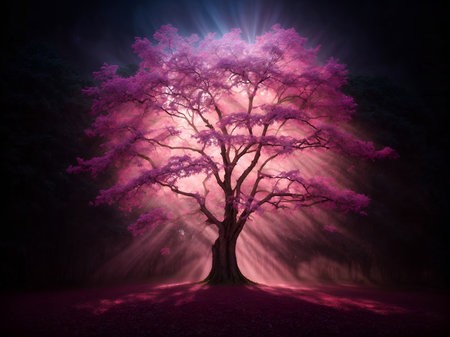 a mystical tree with a vibrant pink and purple canopy, glowing with ethereal light and shedding luminescent leavesの素材