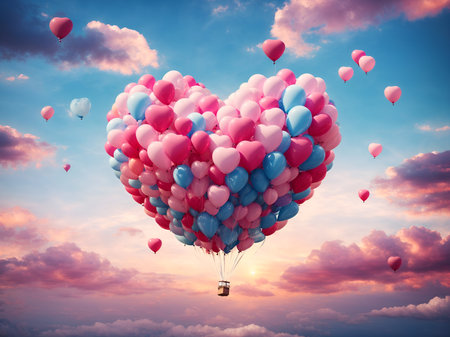 a whimsical heart-shaped formation of balloons in shades of pink and blueの素材