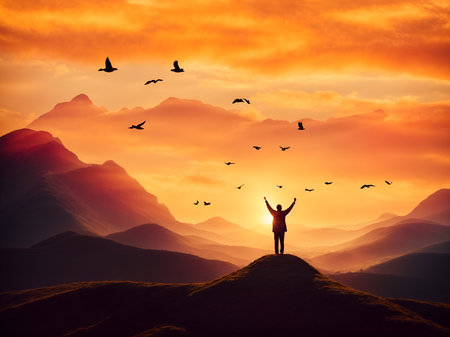 a stylized sunset scene with a silhouette of a person on a hill, raising their arm toward birds in the skyの素材