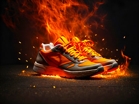 a pair of sneakers with sparks flying around, creating a dramatic and intense effectの素材