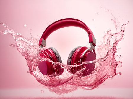 A pair of pink headphones conveys energy and the power of musicの素材