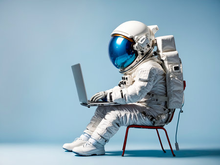 An astronaut in a full space suit is seated, engaging with a laptop on a simple chairの素材