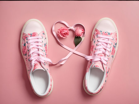 a pair of pink sneakers with a floral pattern, giving off a playful and romantic aestheticの素材