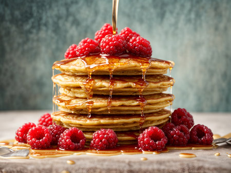 pancakes adorned with ripe raspberries and a drizzle of syrupの素材