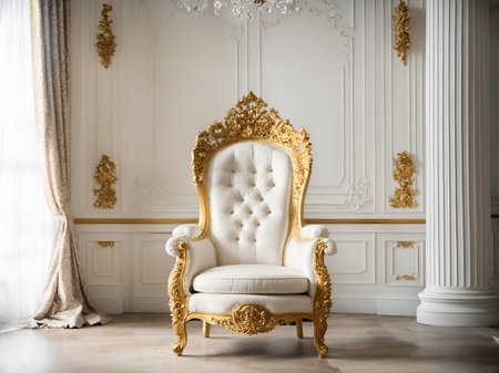 An ornate golden throne chair sits in a luxurious roomの素材