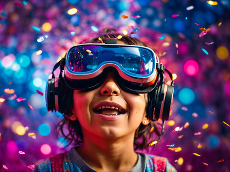 A joyful child wearing a virtual reality headset, immersed in a vibrant digital worldの素材