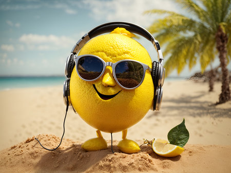 A cheerful 3D lemon character with headphones, sunglasses, on a sandy beachの素材
