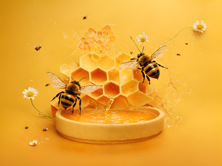 a stylized with a honey dipper dripping honey onto a flat surfaceの素材