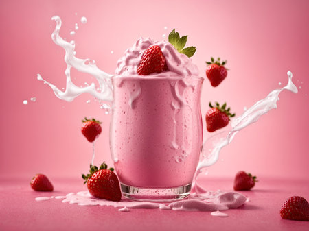 Pink strawberry milkshake, on a pink backgroundの素材