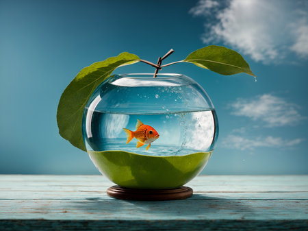 A creative depiction of an apple transformed into a clear spherical fishbowl with a vibrant orange fish swimming insideの素材
