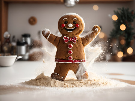 A happy gingerbread man dancing on the kitchen tableの素材