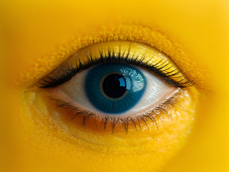 beautiful blue female eye on yellow backgroundの素材