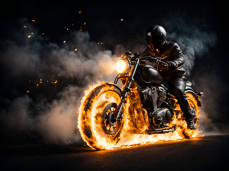 Motorcyclist in all black riding a motorcycle blazing with flames on a dark black backgroundの素材