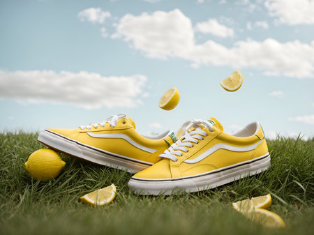 Yellow sneakers on green grass with lemon slices, side viewの素材