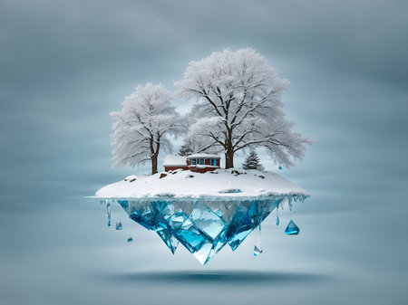 A snowy island with pieces of ice hanging from the bottom, and at the top a snowy ground and trees appear with some cloudsの素材
