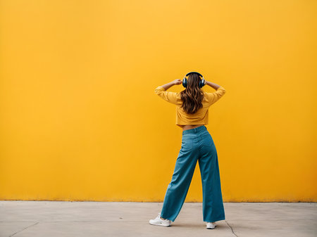 Young woman with headphones having fun listening to music and dancing on a yellow backgroundの素材