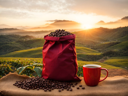 a red mug beside a coffee bean container, with a sack of beans in natureの素材