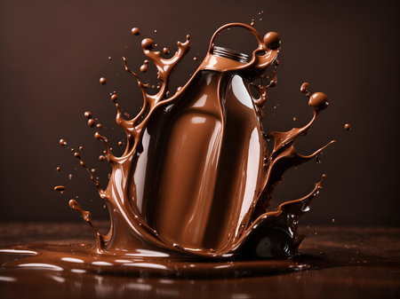 A chocolate bottle emerges from a splash of a chocolate creamy liquid against a dark brown background.の素材