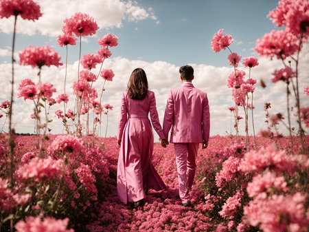 A couple in pink clothes walking among pink flowersの素材