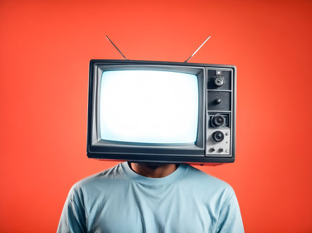 A creative representation featuring a person in a gray shirt with an old-fashioned televisionの素材