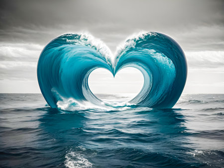 A heart-shaped wave of a blue water, representing love and passion in a vast and overwhelming worldの素材