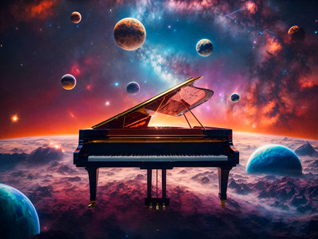 âSpace Concertoâ: A piano in space, surrounded by stars and nebulae, against a cosmic background with planetary bodies.の素材