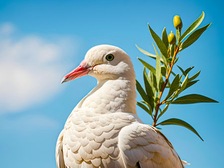 A white paper dove with a green olive branch, representing peaceの素材