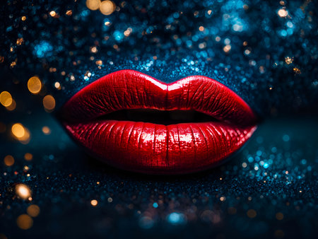 Lips on a glossy night sky backgroundの素材