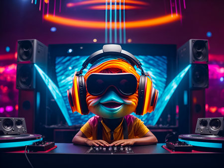 A fish character, working a DJ boothの素材