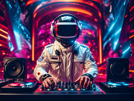 A hyper astronaut character, working a DJ boothの素材