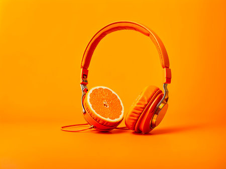 Headphones with orange fruit as earpieces, on an orange backgroundの素材