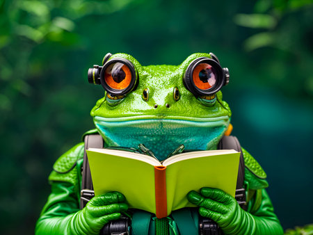 Explorer Frog: A frog with a backpack and binoculars looking at an open book, ready for adventureの素材