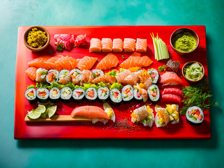 A sleek wooden sushi boardの素材