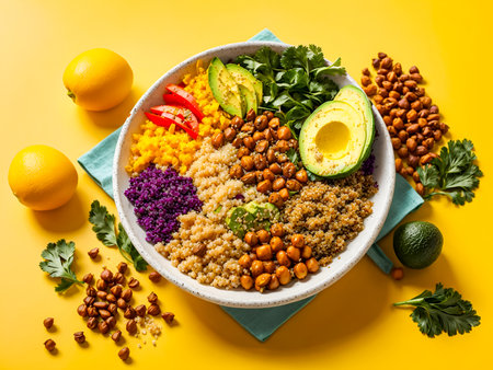 A vegetarian meal bowl filled with quinoa, sliced avocado, roasted chickpeas, and an assortment of fresh vegetablesの素材