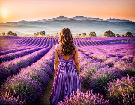 A woman in the midst of expansive lavender fieldsの素材