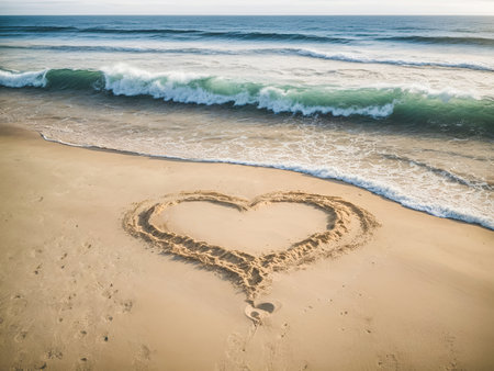 A heart drawn in the sand of a serene beachの素材