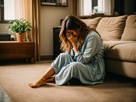 a lonely, depressed woman sitting on the floor in the living roomの素材