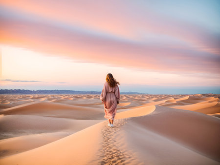 A woman walking along the crest of a sand dune, conveying solitude and peace, back viewの素材
