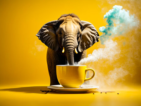 An elephant perched atop an espresso cupの素材