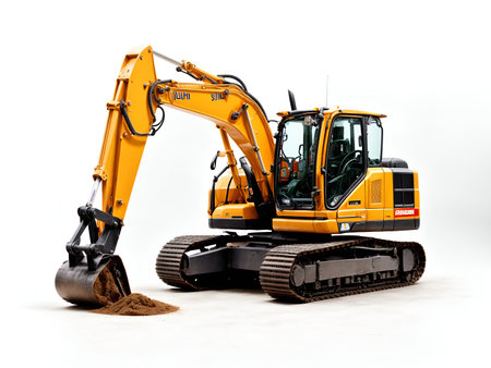 A scaled-down model of an excavator, on awhite backgroundの素材