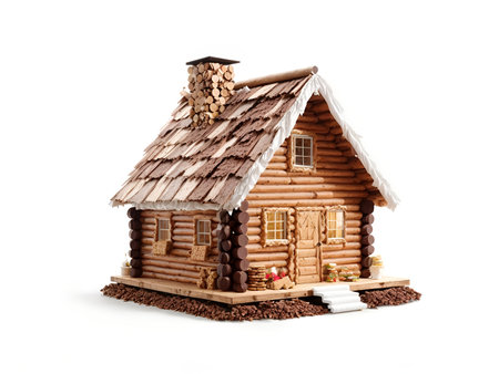 A log cabin with walls made of cookie logs, a frosting chimney, and a roof of chocolate shinglesの素材