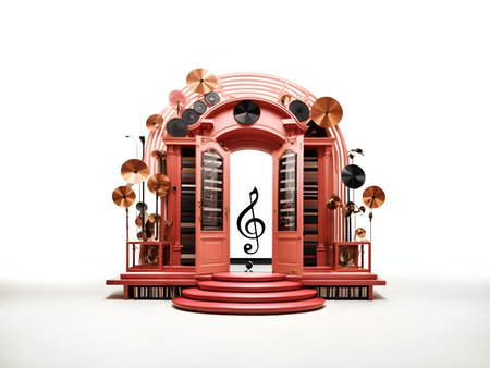 An elegant mansion with walls of vinyl records, piano key doors, and treble clef iron gatesの素材