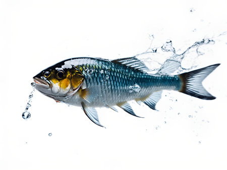a fish seemingly leaping out of a water splash, on a white backgroundの素材