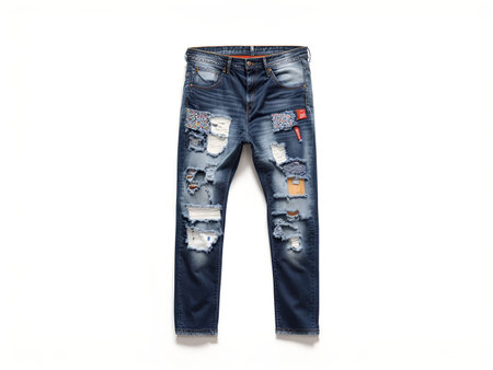 Jeans creatively patched with various fabric piecesの素材