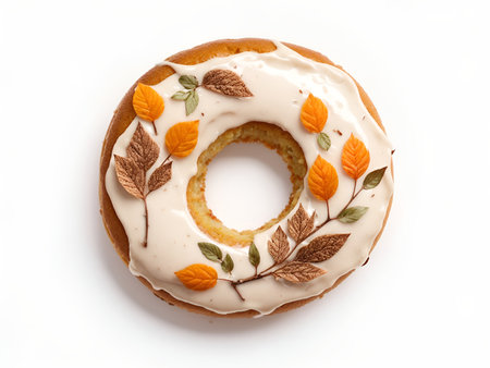 A doughnut with icing that mimics the appearance of an autumn pumpkinの素材