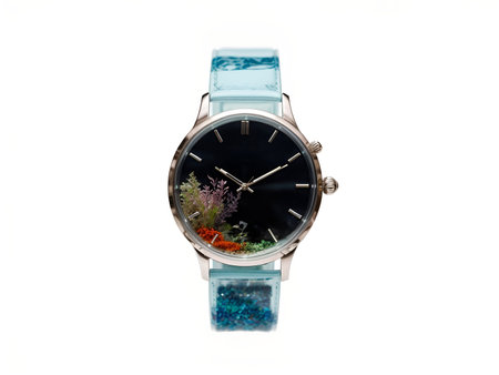 Transparent marine hand watch, creating an aquarium effect, on a white backgroundの素材