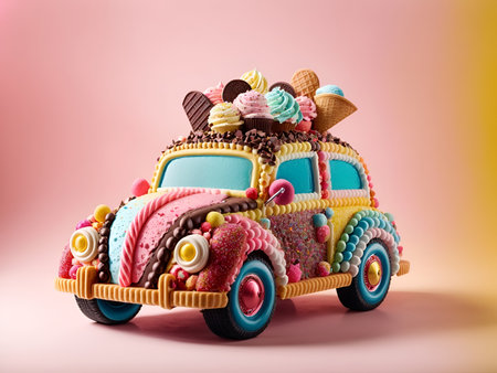 A fun and colorful car, ingeniously made entirely of different flavors of ice creamの素材