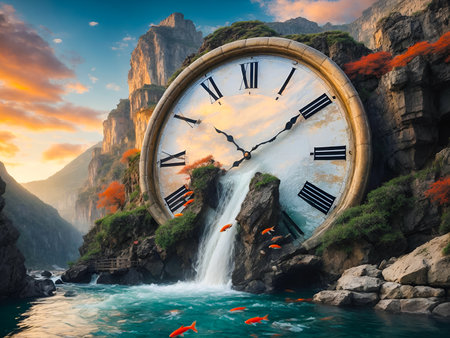 an ancient, grand clock face, set within the rugged cliffside of a mountain. The clockâs hands are transformed into cascading riversの素材