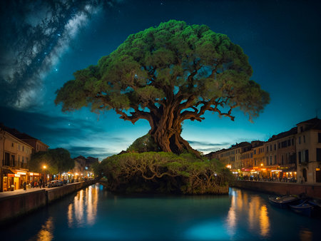 A majestic old tree in a vibrant miniature cityの素材
